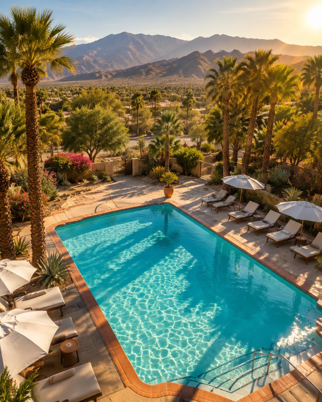 Aerial view of a Coachella Valley pool with turquoise water and terracotta tile coping